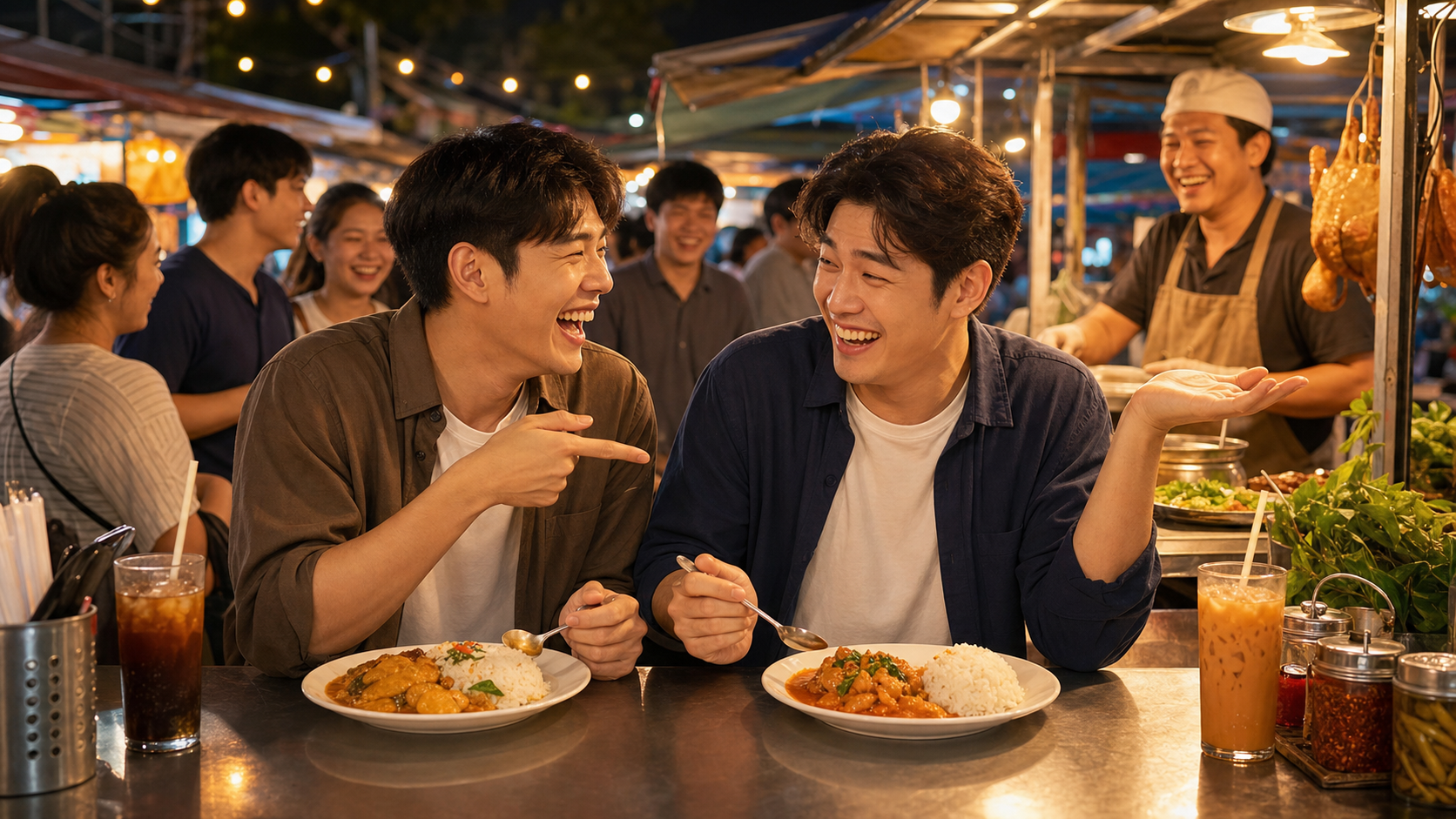 เพื่อนสองคนหัวเราะกันที่ร้านข้าวแกงในตลาดเย็น