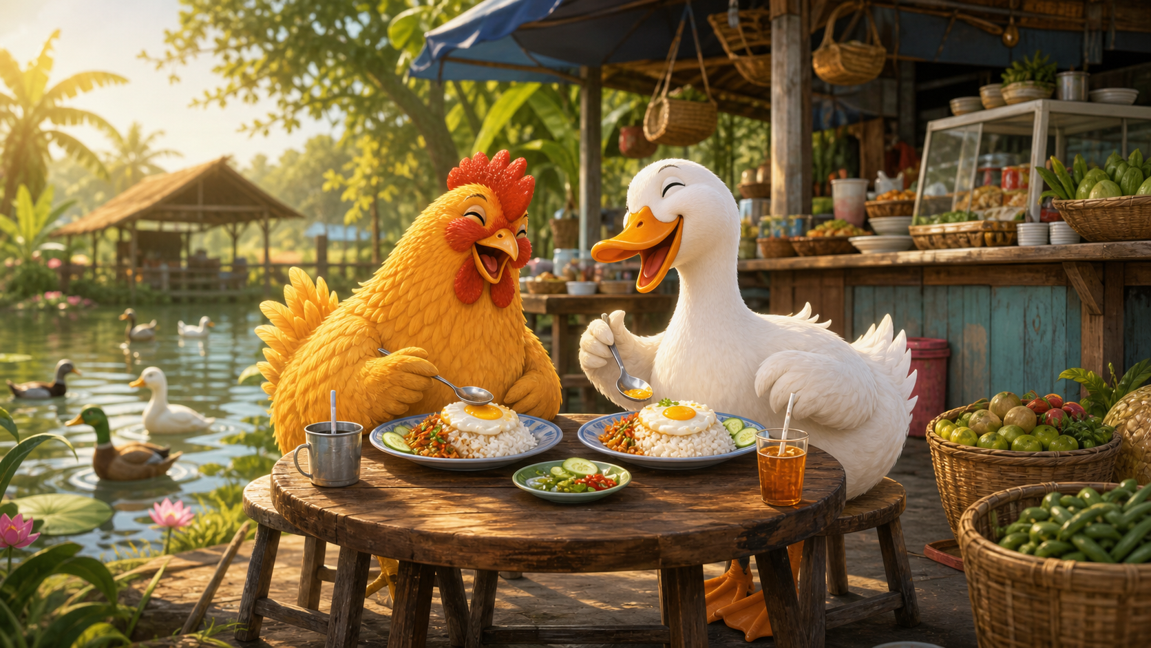 ไก่สีทองกับเป็ดสีขาวหัวเราะด้วยกันขณะกินข้าวริมบึง